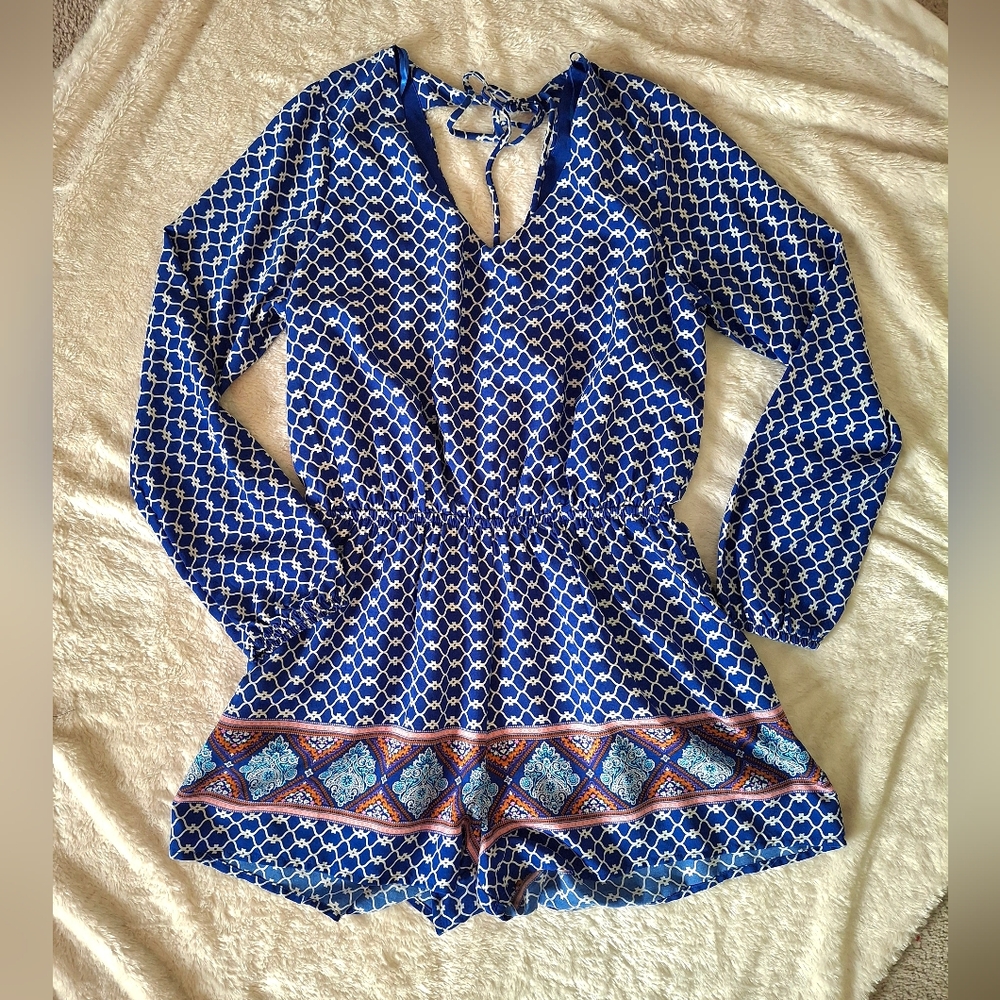 One Clothing LA Womens Large Blue Boho Print Long Sleeve Romper V Neck Elastic W